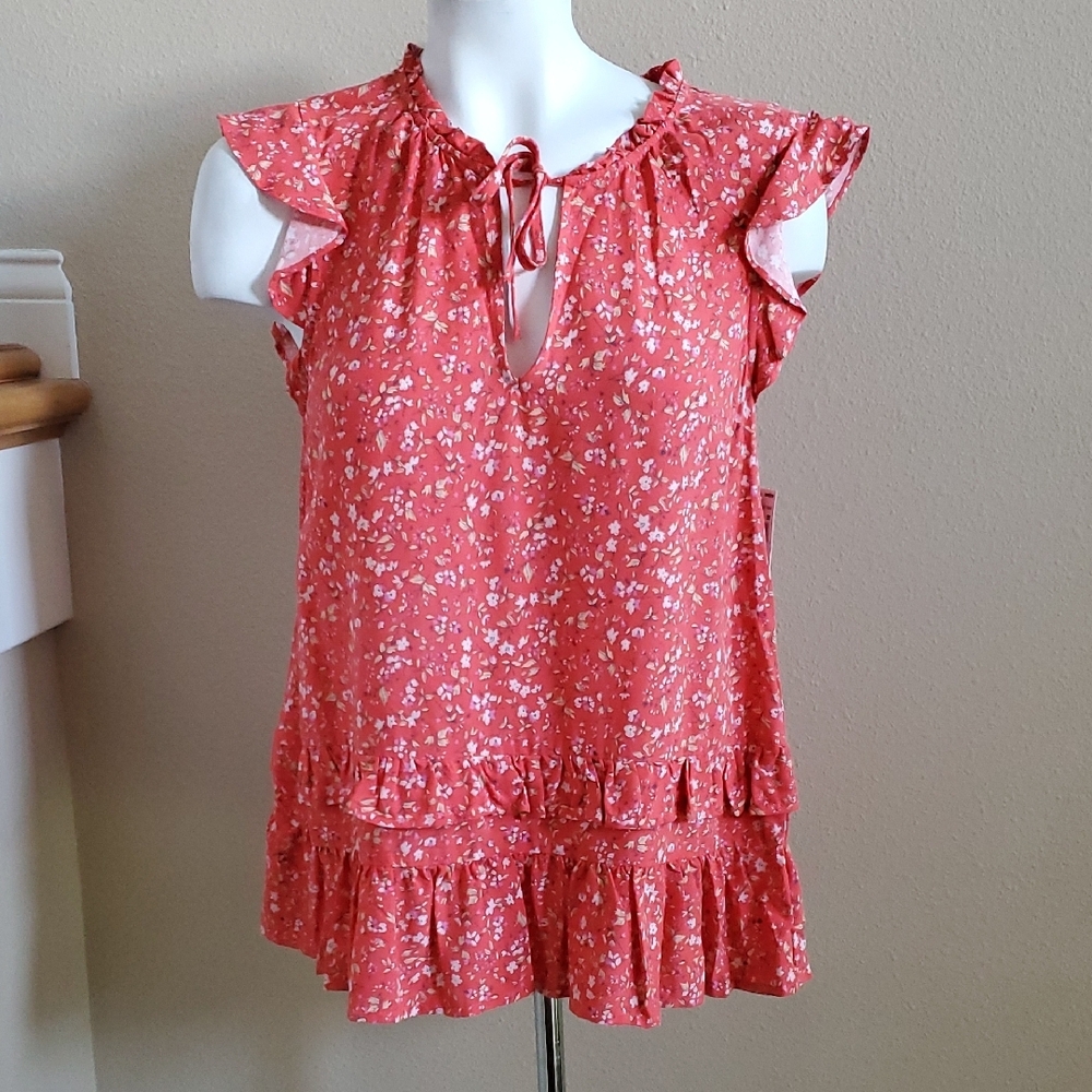 Women's Wallflower Challis Ruffle Tank Top Blouse Floral Tie Coral Size XS M NWT